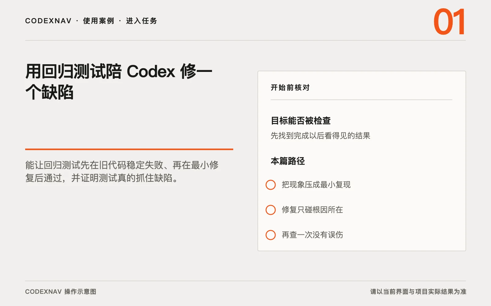 图 1 · 进入任务前先确认目标、范围和准备条件 用回归测试陪 Codex 修一个缺陷的入口、目标与准备条件操作示意图