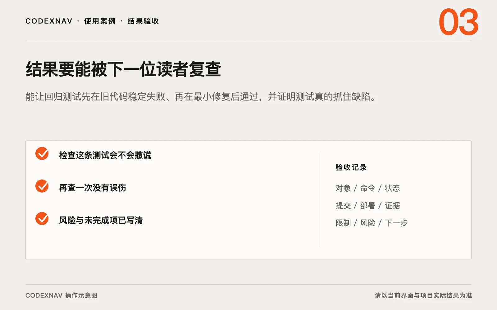 图 3 · 用结果、检查与交付证据确认任务真的完成 用回归测试陪 Codex 修一个缺陷的结果验收与交付证据清单示意图