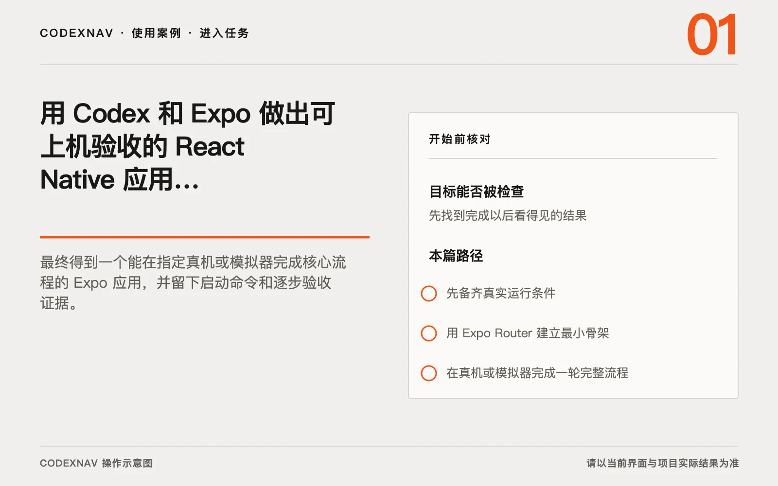 图 1 · 进入任务前先确认目标、范围和准备条件 用 Codex 和 Expo 做出可上机验收的 React Native 应用的入口、目标与准备条件操作示意图