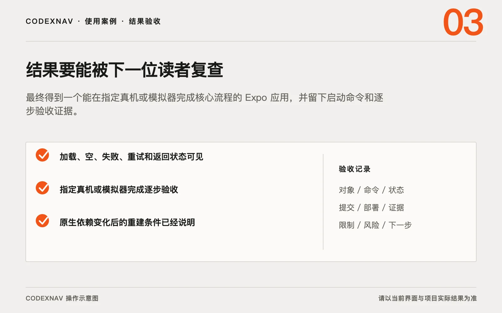 图 3 · 用结果、检查与交付证据确认任务真的完成 用 Codex 和 Expo 做出可上机验收的 React Native 应用的结果验收与交付证据清单示意图
