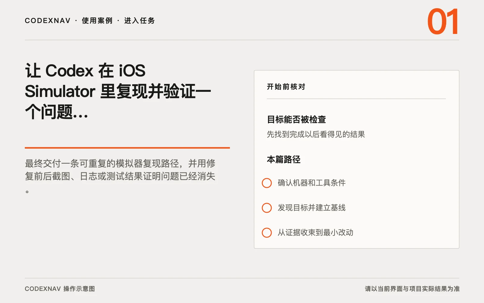 图 1 · 进入任务前先确认目标、范围和准备条件 让 Codex 在 iOS Simulator 里复现并验证一个问题的入口、目标与准备条件操作示意图