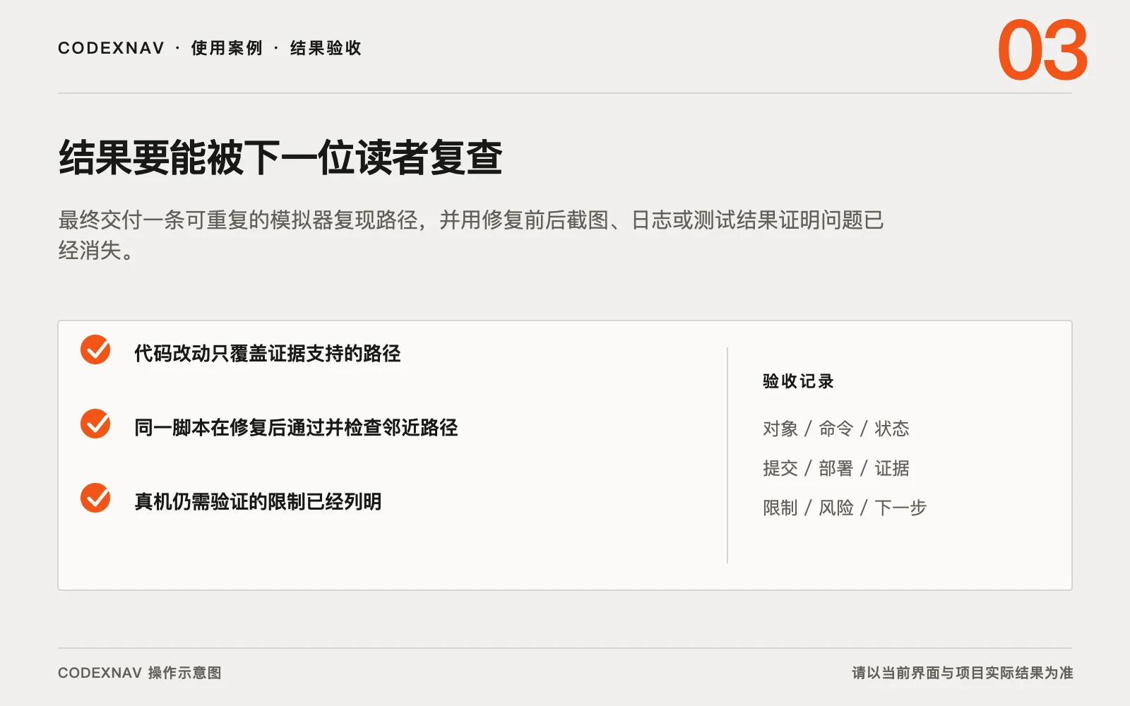 图 3 · 用结果、检查与交付证据确认任务真的完成 让 Codex 在 iOS Simulator 里复现并验证一个问题的结果验收与交付证据清单示意图