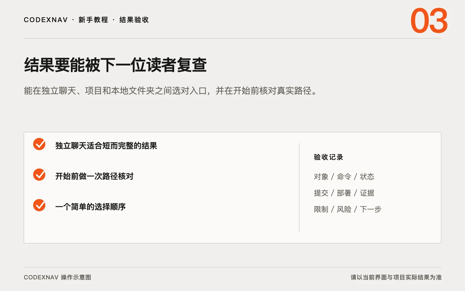 图 3 · 用结果、检查与交付证据确认任务真的完成 新任务、项目与本地文件夹怎么选的结果验收与交付证据清单示意图